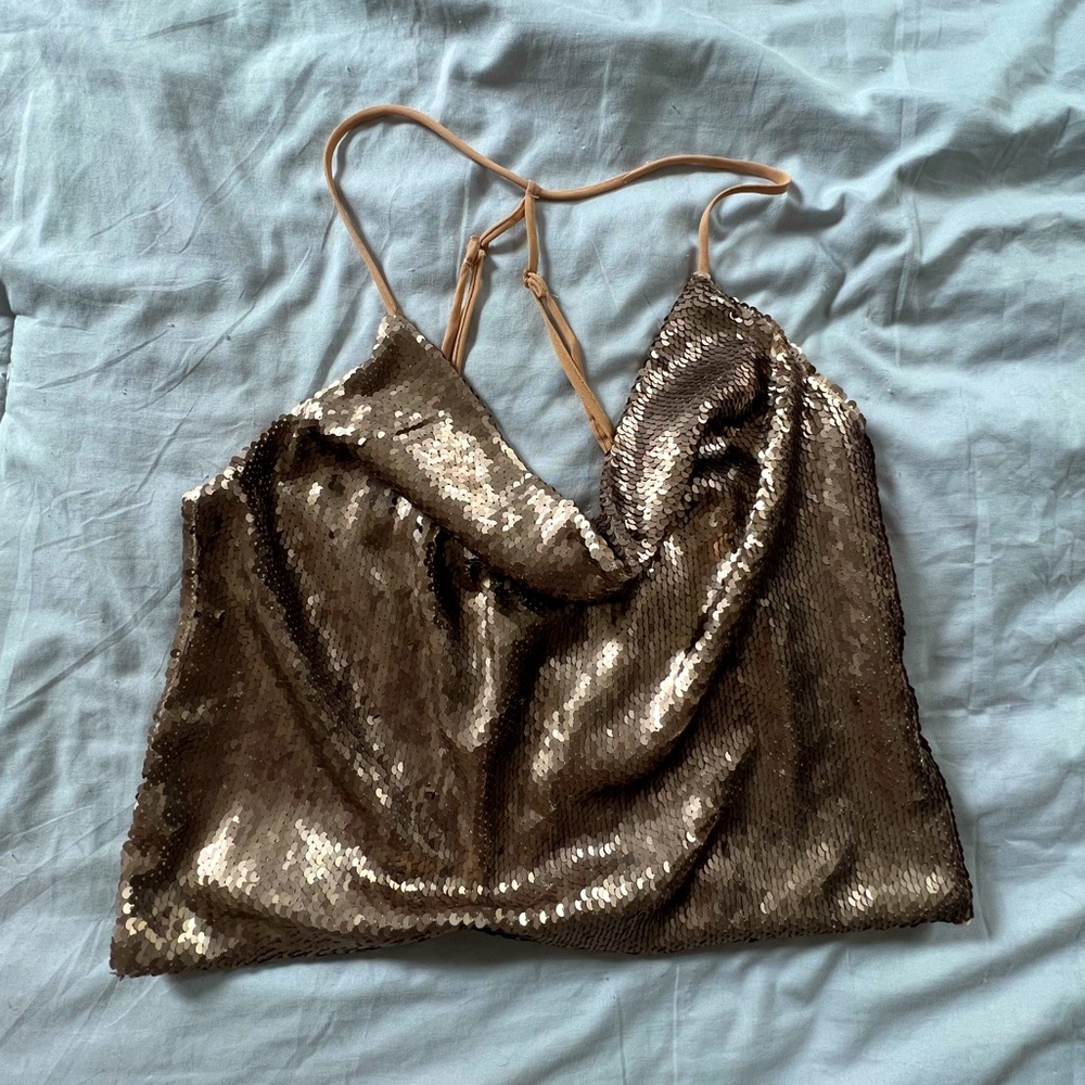 WYLDR Size XS Bronze Sequin Cowl Neck Adjustable Spaghetti Strap Top